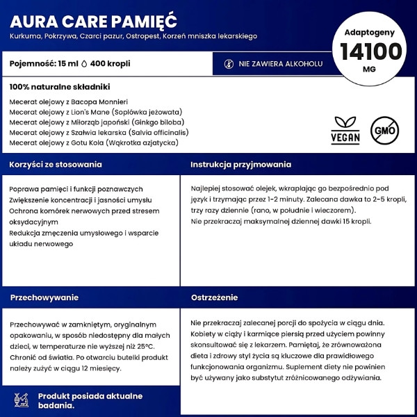 Skład Aura Care Pamięć 15 ml – bacopa monnieri, lion’s mane, miłorząb japoński, szałwia, gotu kola