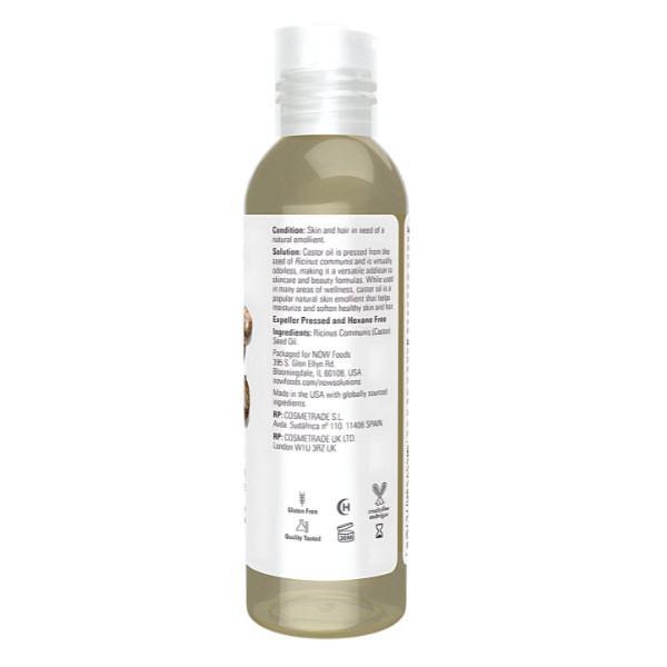 Ingredients 100% pure castor oil (Ricinus Communis) by NOW Foods, cold-pressed, unrefined, with no additives