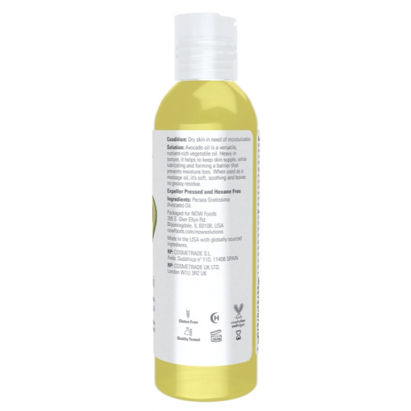 Composition and application description of NOW Foods Avocado Oil 473 ml – cold-pressed, hexane-free, intense skin hydration