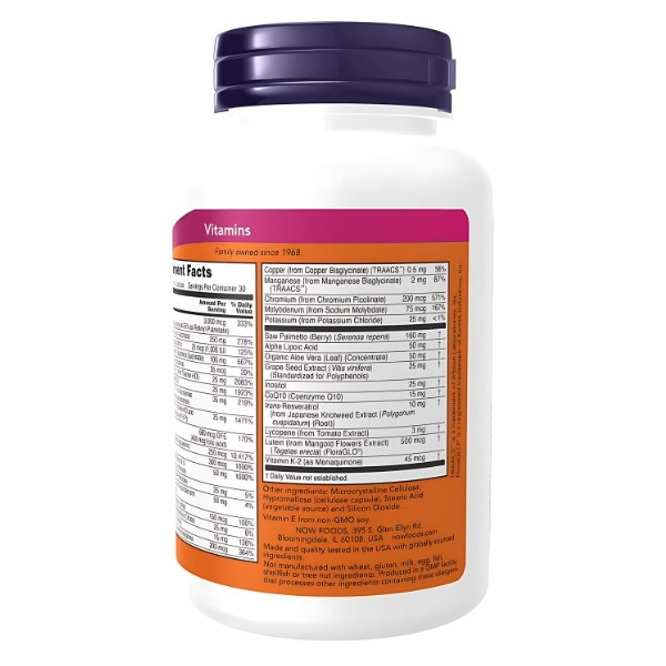 Composition of NOW Foods ADAM Multi-Vitamin 90 capsules. - Men's formula with zinc, coenzyme Q10 and lycopene