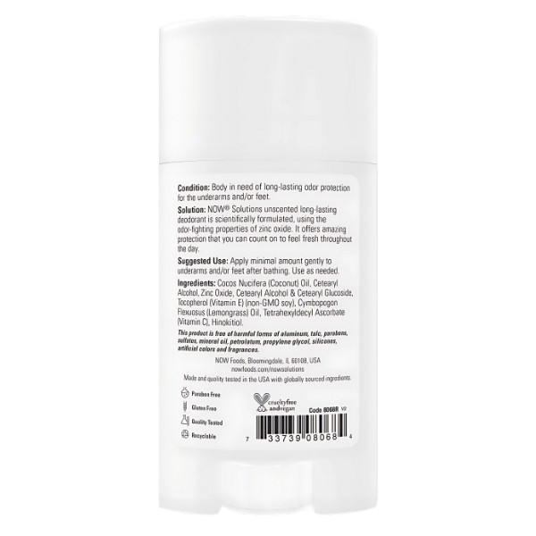 Zutaten NOW Foods Long-Lasting Deodorant Unscented - natürlicher Deo-Stick mit Zinkoxid und Kokosnussöl 62 g