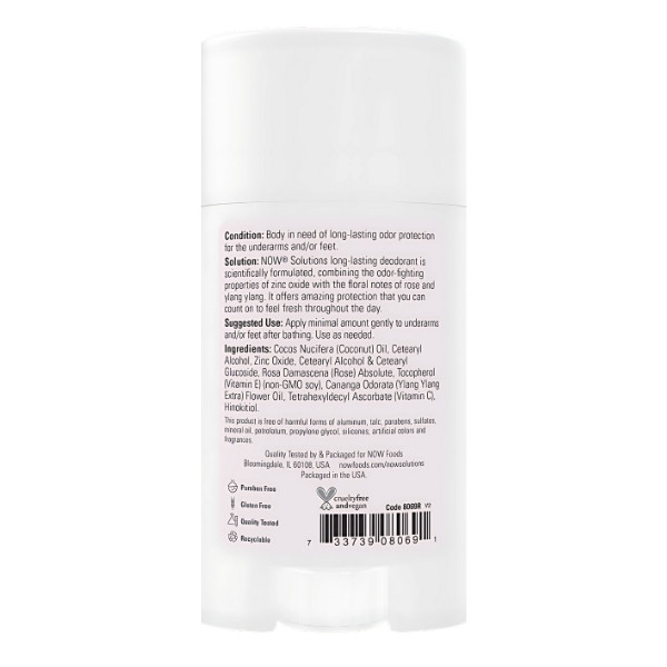 Ingredients NOW Foods Deodorant Rose + Ylang Ylang - natural deodorant stick with coconut oil, zinc and vitamin E 62 g