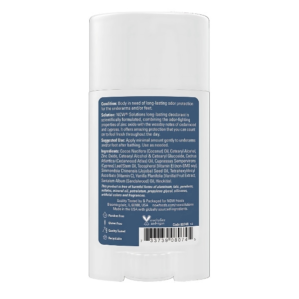 Ingredients NOW Foods Deodorant Cedarwood + Cypress - natural deodorant stick with coconut oil, zinc and vitamin E 62 g