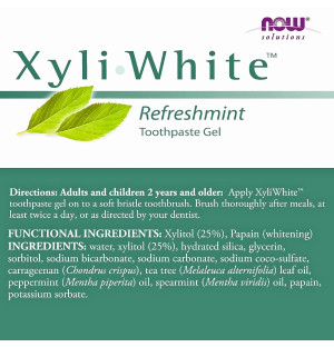 Skład pasty do zębów NOW Foods XyliWhite Refreshmint – żel z ksylitolem 25%, papainą i olejkami eterycznymi 181 g