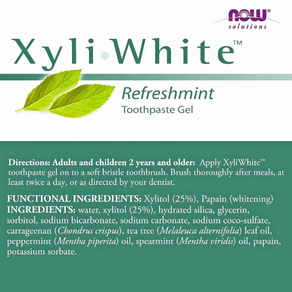 Skład pasty do zębów NOW Foods XyliWhite Refreshmint – żel z ksylitolem 25%, papainą i olejkami eterycznymi 181 g
