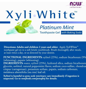 Skład pasty do zębów NOW Foods XyliWhite Platinum Mint – żel z ksylitolem, sodą oczyszczoną i papainą 181 g