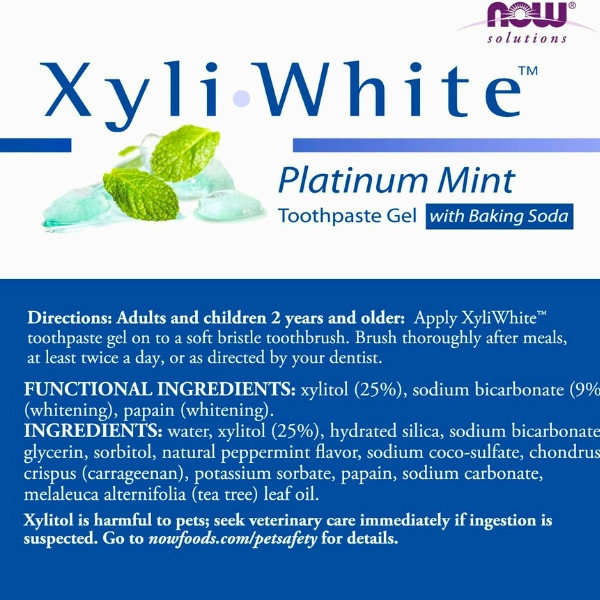 Skład pasty do zębów NOW Foods XyliWhite Platinum Mint – żel z ksylitolem, sodą oczyszczoną i papainą 181 g