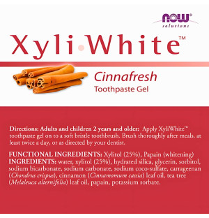 Skład pasty do zębów NOW Foods XyliWhite Cinnafresh – żel z ksylitolem 25%, papainą i olejkiem cynamonowym 181 g