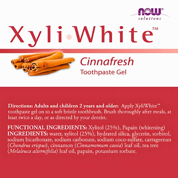Skład pasty do zębów NOW Foods XyliWhite Cinnafresh – żel z ksylitolem 25%, papainą i olejkiem cynamonowym 181 g