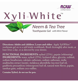 Skład pasty do zębów NOW Foods XyliWhite Neem & Tea Tree – żel z ksylitolem 25%, neem i olejkami eterycznymi 181 g