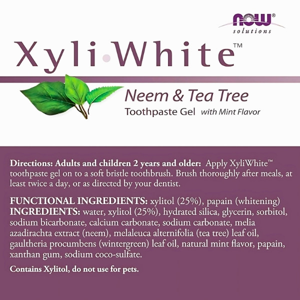 Skład pasty do zębów NOW Foods XyliWhite Neem & Tea Tree – żel z ksylitolem 25%, neem i olejkami eterycznymi 181 g