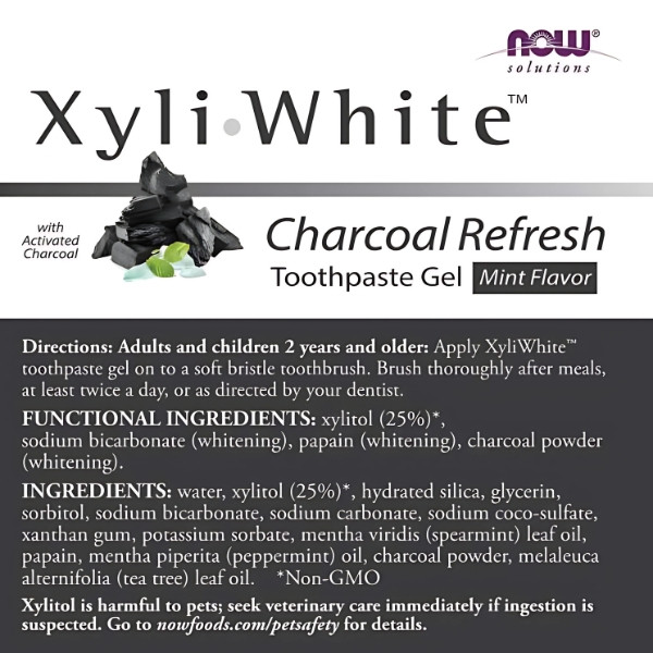 Skład pasty do zębów NOW Foods XyliWhite Charcoal Refresh – żel z ksylitolem, papainą i aktywnym węglem 181 g