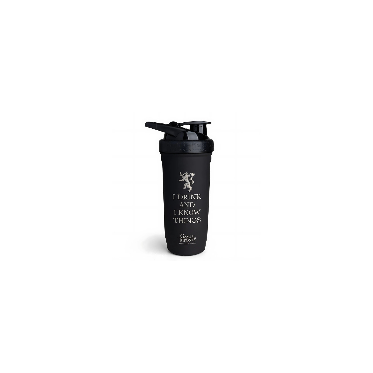 Reforce Edelstahl Shaker Game of Thrones - black 900ml shaker with I Drink and I Know Things inscription and Lannister crest