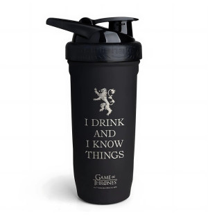 Reforce Edelstahl Shaker Game of Thrones - black 900ml shaker with I Drink and I Know Things inscription and Lannister crest