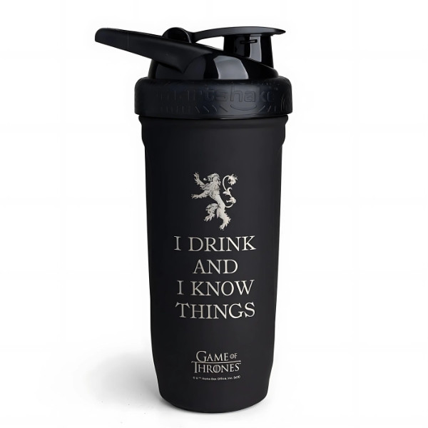 Reforce Edelstahl Shaker Game of Thrones - black 900ml shaker with I Drink and I Know Things inscription and Lannister crest