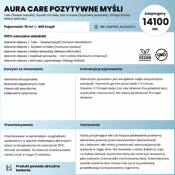 Aura Care Positive Thoughts supplement – 14100 mg of adaptogens. 6 herbal oil macerates, alcohol-free, vegan friendly