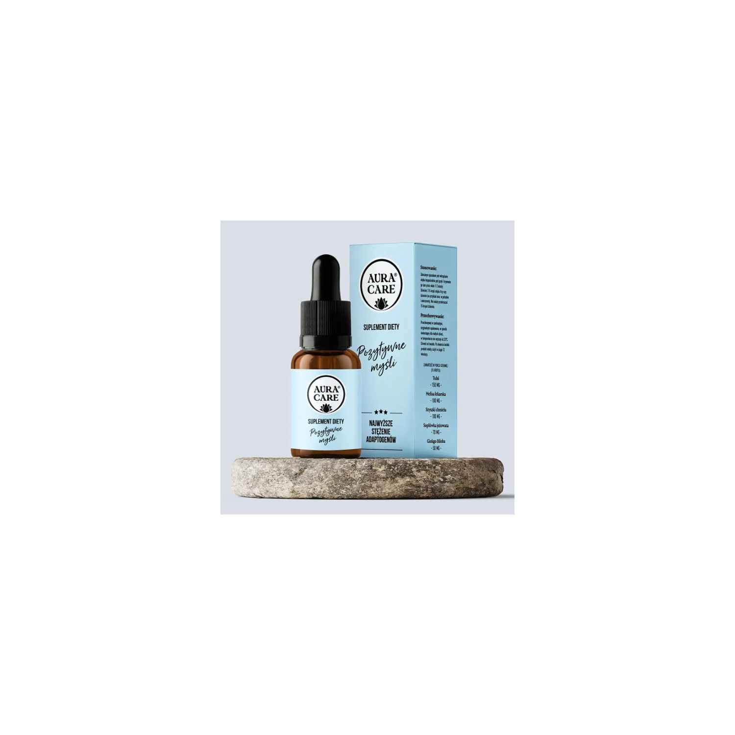 Aura Care Positive Thoughts – adaptogenic drop formula with basil, lemon balm, and lion’s mane. Natural support