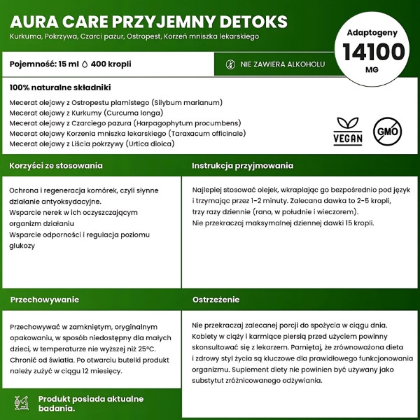 Composition of Aura Care Pleasant Detox - 14100 mg adaptogens, kidney support, antioxidant, dandelion, nettle, black claw
