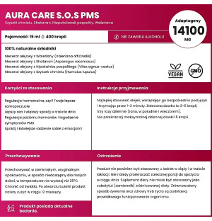 Aura Care S.O.S PMS – 100% naturalne składniki: szyszki chmielu, waleriana, niepokalanek, shatavari. 14100 mg adaptogenów