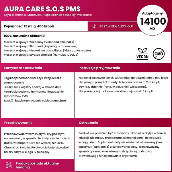 Aura Care S.O.S PMS – 100% naturalne składniki: szyszki chmielu, waleriana, niepokalanek, shatavari. 14100 mg adaptogenów