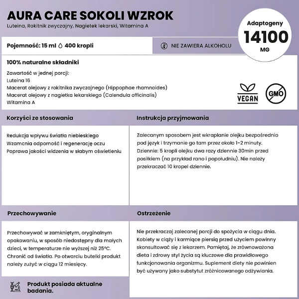 Aura Care Falcon Sight - Schutz vor blauem Licht und Regeneration der Augen. Adaptogene: 14100 mg, alkoholfrei, 100% natürlich
