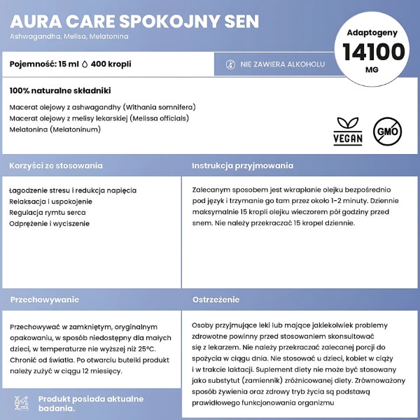 Naturalny olejek Aura Care Spokojny Sen – 14100 mg adaptogenów na sen. Wyciszenie, regulacja rytmu i redukcja napięcia