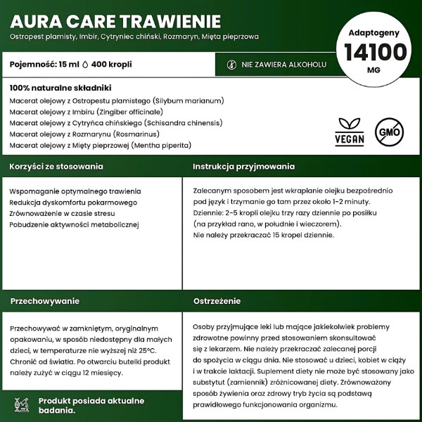 Aura Care Digestion adaptogenic oil - 14100 mg of plant ingredients. Contains 5 oil macerates, supports digestion