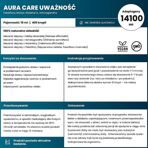 Aura Care Mindfulness - adaptogens 14100 mg. Natural relaxation support. Melissa, ashwagandha, valerian, passion flower