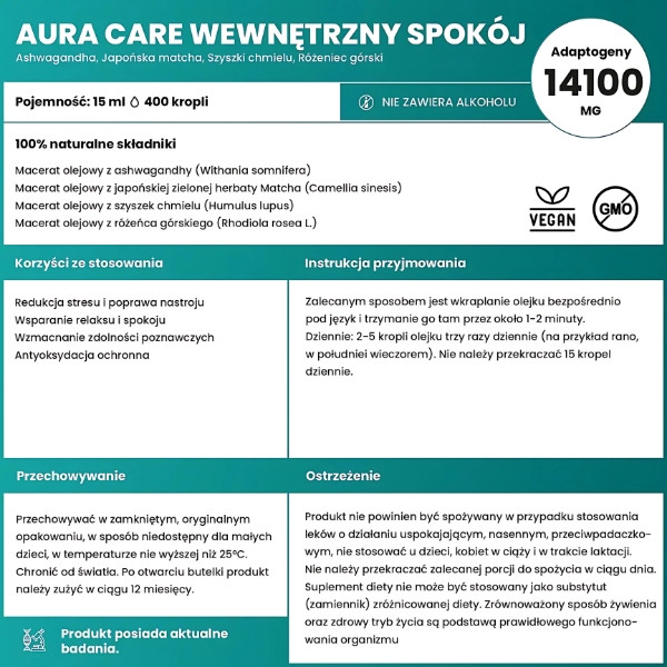 Skład Aura Care Wewnętrzny Spokój – olejowy macerat adaptogenów: ashwagandha, matcha, chmiel i różeniec górski
