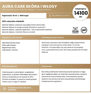 Skład Aura Care Włosy i Skóra – adaptogeny: pokrzywa, skrzyp polny, gotu kola i marchew. Naturalna pielęgnacja włosów i skóry