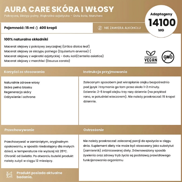 Skład Aura Care Włosy i Skóra – adaptogeny: pokrzywa, skrzyp polny, gotu kola i marchew. Naturalna pielęgnacja włosów i skóry