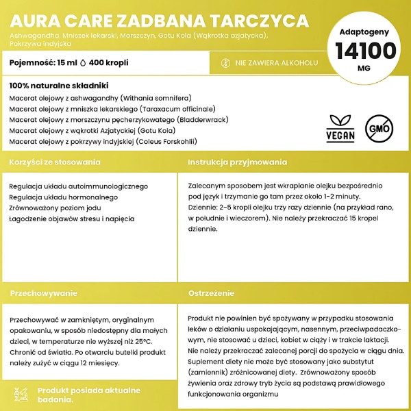 Zusammensetzung von Aura Care Well-Kept Thyroid - Adaptogene: Ashwagandha, Löwenzahn, Seehecht, Gotu Kola, Forskohlii