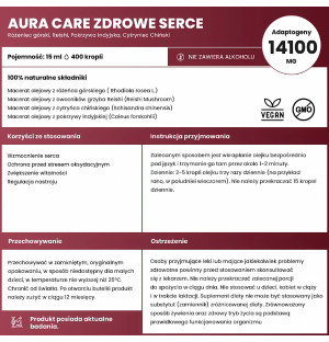 Skład Aura Care Zdrowe Serce – adaptogeny 14100 mg, Reishi, Rhodiola rosea, Schisandra, wegański olejek