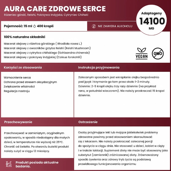 Skład Aura Care Zdrowe Serce – adaptogeny 14100 mg, Reishi, Rhodiola rosea, Schisandra, wegański olejek