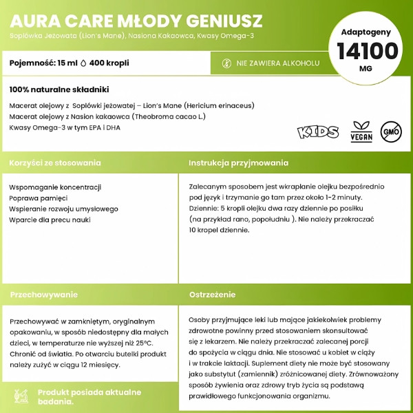 Aura Care Kids Young Genius - composition, dosage, coneflower, cocoa seeds, Omega-3