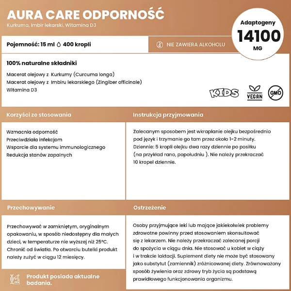 Zusammensetzung von Aura Care Kids Immunity 15 ml - Kurkuma, Ingwer und Vitamin D3 zur Unterstützung des Immunsystems
