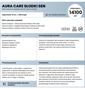 Composition of Aura Care Sweet Sleep - adaptogens melissa and hops for better sleep in children. 15 ml supplement