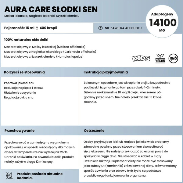Zusammensetzung von Aura Care Sweet Sleep - adaptogens Melisse und Hopfen für besseren Schlaf bei Kindern. 15 ml Ergänzung