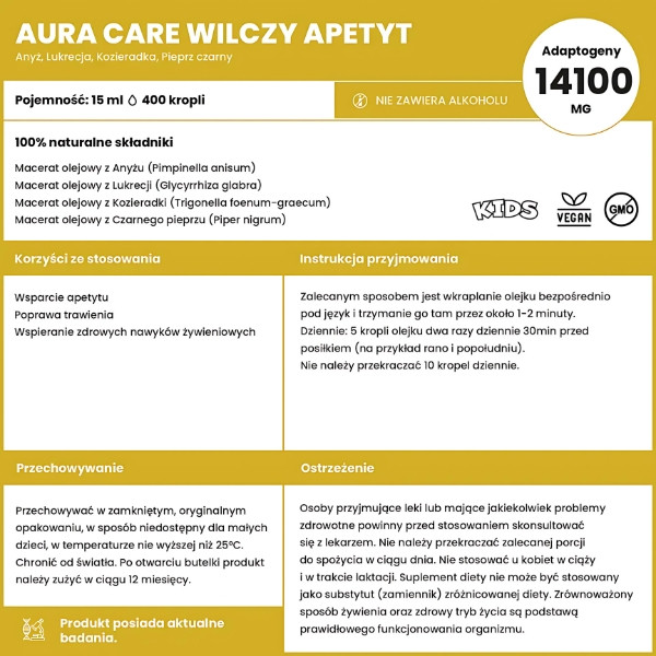 Skład Aura Care Wilczy Apetyt 15 ml – suplement dla dzieci z anyżem, lukrecją i kozieradką. Wsparcie apetytu i trawienia
