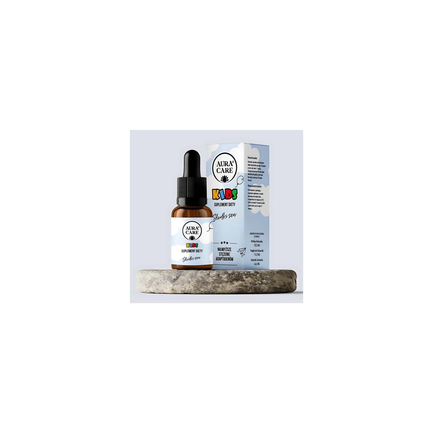 Aura Care Kids Sweet Sleep - a supplement for your child's restful sleep. Adaptogens: lemon balm, calendula and hops. 15 ml