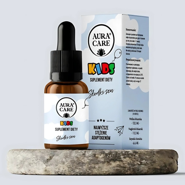 Aura Care Kids Sweet Sleep - a supplement for your child's restful sleep. Adaptogens: lemon balm, calendula and hops. 15 ml