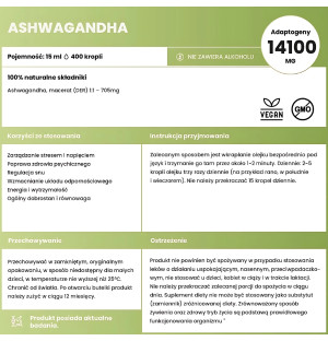 Ashwagandha 15 ml marki Płynne Zioła – naturalny adaptogen bez alkoholu, zawierający 705 mg ekstraktu z ashwagandhy w porcji