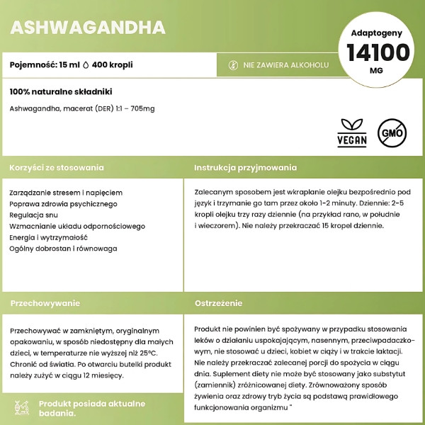 Ashwagandha 15 ml marki Płynne Zioła – naturalny adaptogen bez alkoholu, zawierający 705 mg ekstraktu z ashwagandhy w porcji