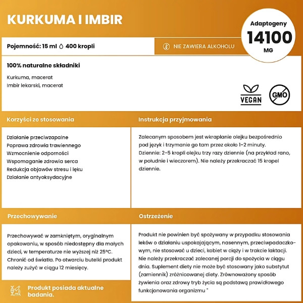Flüssige Kräuter Kurkuma und Ingwer 15 ml – natürlicher Mazerat aus Kurkuma und Ingwer, 14.100 mg Adaptogene