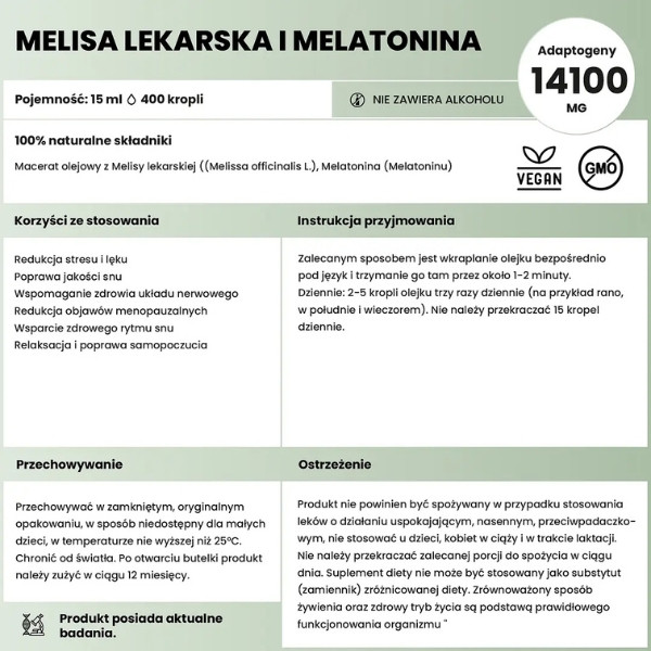 Płynne Zioła Melisa lekarska i Melatonina – 100% naturalne składniki, właściwości antystresowe i wspomagające sen