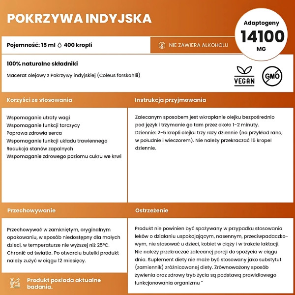 Skład pokrzywa Indyjska Płynne Zioła – 14100 mg adaptogenów, wsparcie w utracie wagi, poziomie cukru, pracy serca i tarczycy
