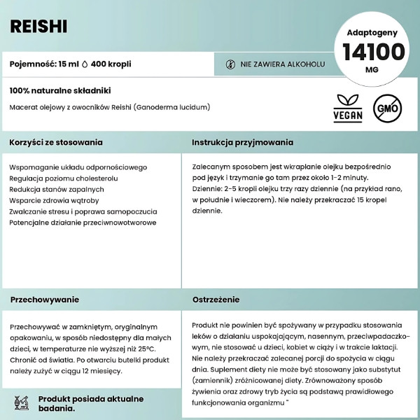 Reishi w kroplach – adaptogen 14100 mg, na odporność, kortyzol i wątrobę. Suplement diety, 15 ml, 400 kropli, bez alkoholu