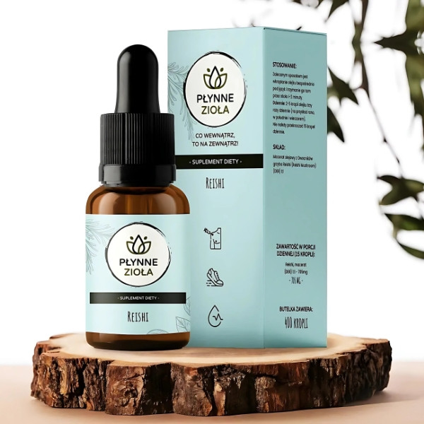 Płynne Zioła Reishi 15 ml – ekstrakt z Reishi na odporność, stres i wątrobę, 14100 mg adaptogenów, krople bez alkoholu