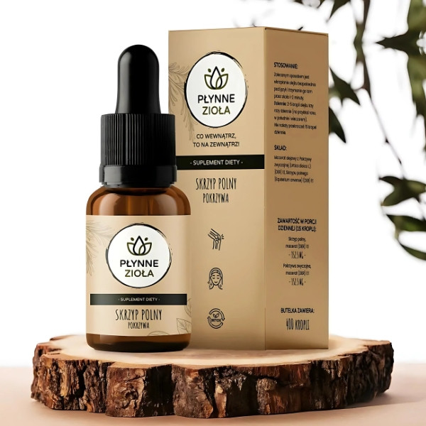 Naturalny olejowy macerat ze skrzypu i pokrzywy. Wsparcie dla włosów, skóry, paznokci i kości. 14100 mg adaptogenów w 15 ml