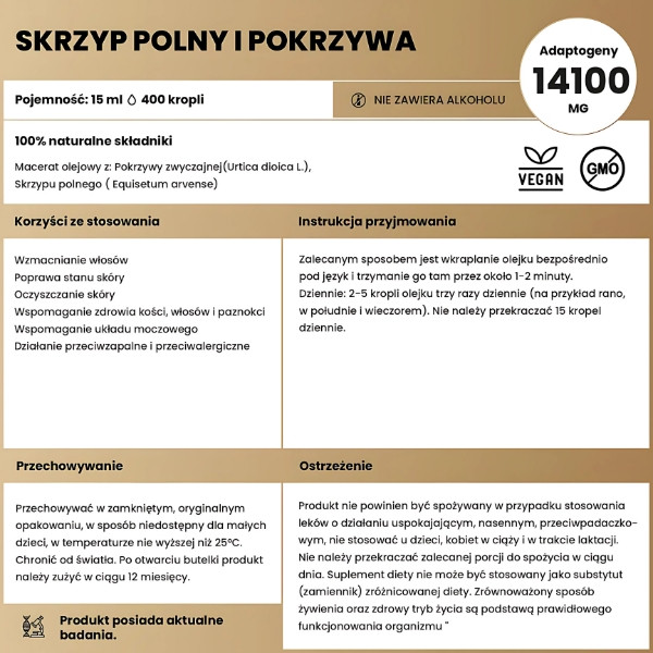 Wzmacnia włosy, oczyszcza skórę i wspiera układ moczowy. 100% naturalny macerat z pokrzywy i skrzypu polnego bez alkoholu